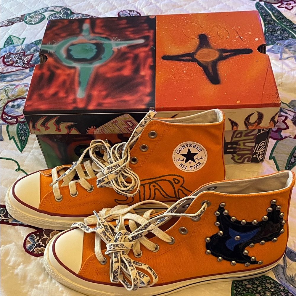 New In Box Converse Orange High-Tops with Blue & Black Accents Chuck Taylor 12